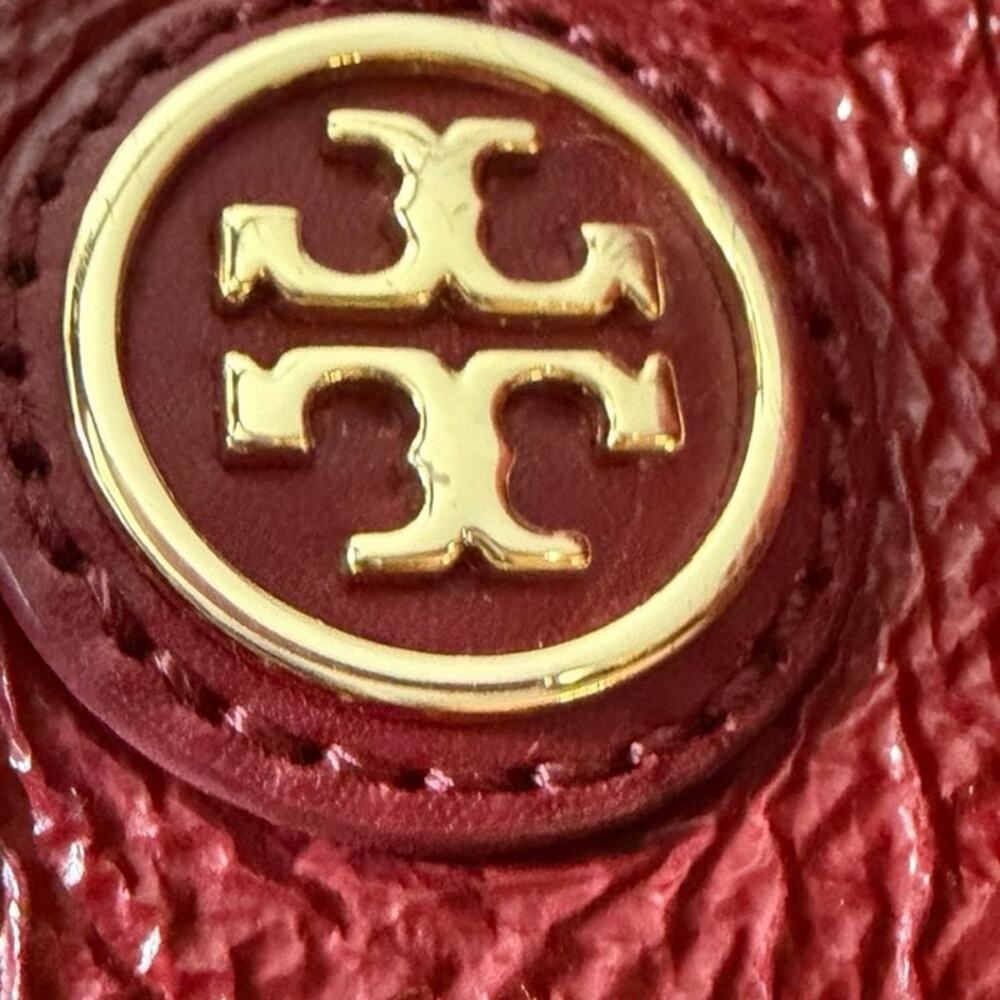 Tory Burch Channing Shearling Patent Leather Tote Red Burgundy Big Shoulder Bag - Picture 8 of 9